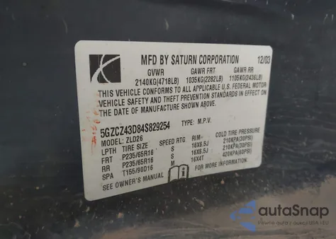 2004 Saturn Vue 4 Cyl z USA, uszkodzony, nr VIN 5GZCZ43D84S829254